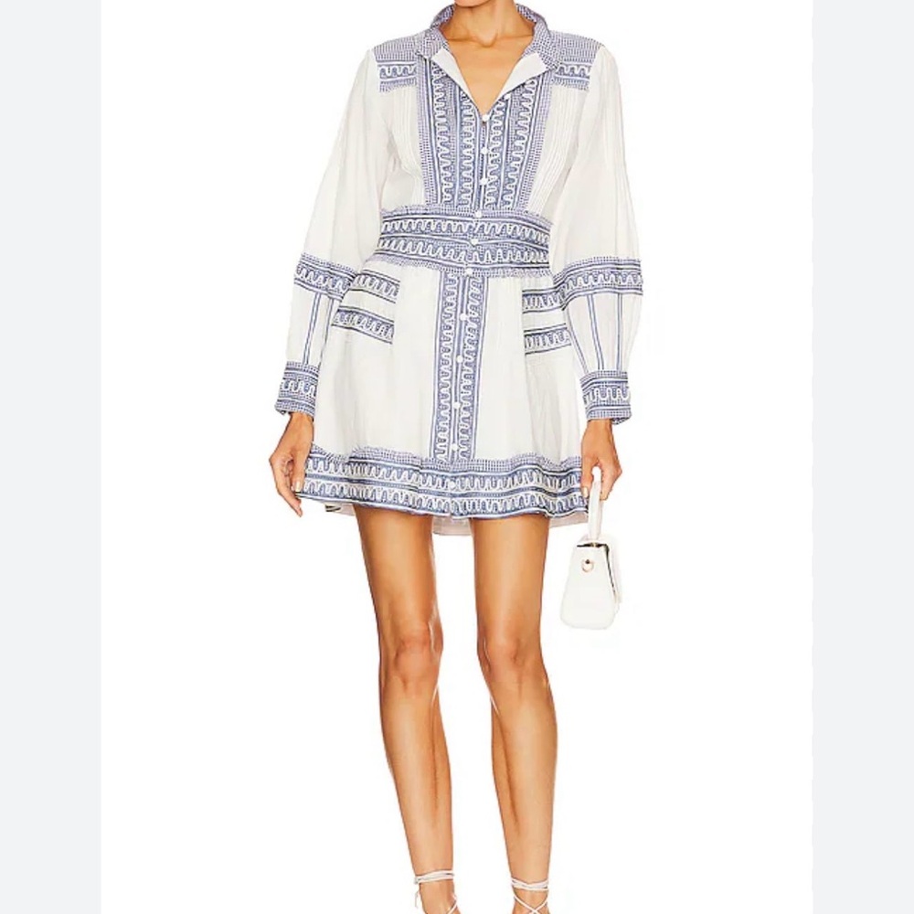 Veronica Beard White Mini Dress with Blue Embroidery size 4